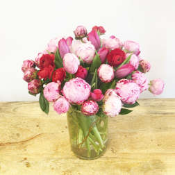 Pink and red tulips and peonies in a clear glass vase