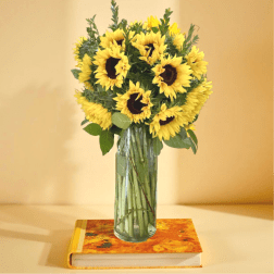 Tall bouquet of yellow sunflowers in a clear glass vase on a colorful book against a yellow background