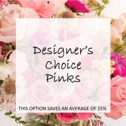 Pink rose bouquet with mixed blooms and a text overlay