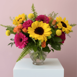 Bright mixed bouquet with sunflowers, gerbera daisies, roses, and a glass vase