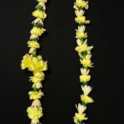 Yellow and white flower lei on a black background