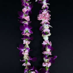 Purple and pink flower lei on a black background