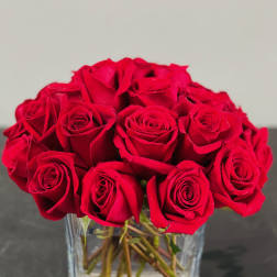 Red roses arranged in a clear glass vase