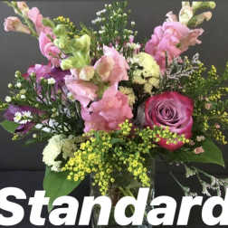 Mixed pink snapdragons and a pink rose with white and yellow accent blooms in a clear vase.