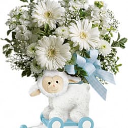 White daisy bouquet with a plush lamb and blue ribbon