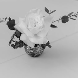 White rose arrangement in a textured glass vase with dark foliage