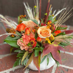 Orange and peach roses in a white vase with autumn flowers