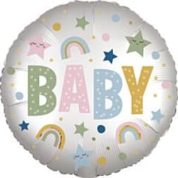 Round foil balloon with pastel stars, rainbows, and the word BABY