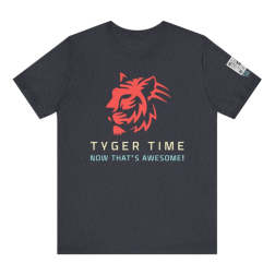 Dark T-shirt with a red tiger graphic and text