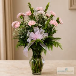 Pink carnations in a clear glass vase with a pink ribbon bow