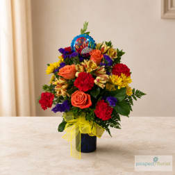 Colorful mixed bouquet in a blue vase with a birthday balloon