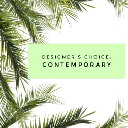 Palm fronds framing a green box with the words "Designer’s Choice: Contemporary"