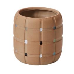 Textured tan ceramic planter with small colored square accents