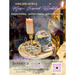 Magic-inspired workshop poster with candles, flowers, and a crystal ball