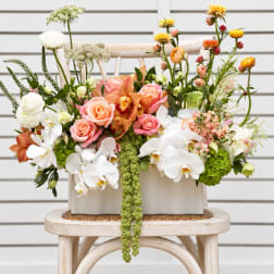 Mixed floral arrangement in a white rectangular container with white orchids and pink roses