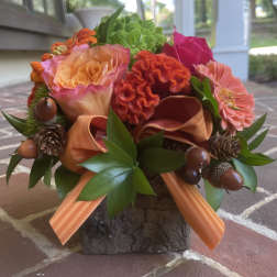 Orange and pink floral arrangement in a rustic wood container with ribbon