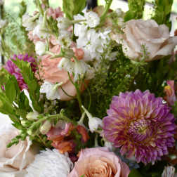 Mixed bouquet with pink roses, white blooms, and purple dahlias
