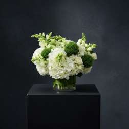 White and green floral arrangement in a glass vase