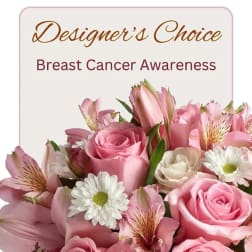 Pink roses and white daisies arranged for breast cancer awareness