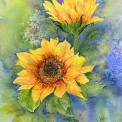 Watercolor painting of two yellow sunflowers with green leaves