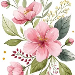 Pink watercolor flowers with green leaves on a white background