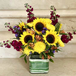 Sunflowers and mixed blooms arranged in a striped glass vase