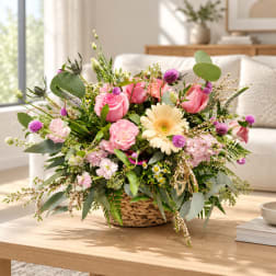 Mixed pink and cream flower arrangement in a woven basket