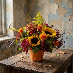 Autumn bouquet with sunflowers and burgundy mums in an orange pot