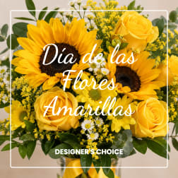 Yellow sunflowers and roses in a glass vase with white text overlay