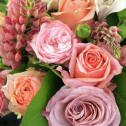 Close-up bouquet of pink and peach roses with green buds