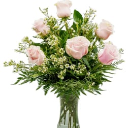 Light pink roses arranged in a clear glass vase with greenery