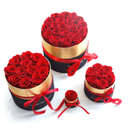 Red roses arranged in round gift boxes with red ribbons