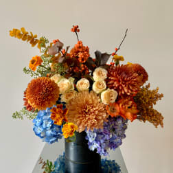 Autumn bouquet with orange chrysanthemums, cream roses, and blue hydrangeas in a black vase