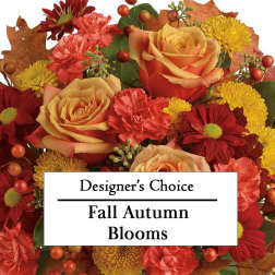 Autumn bouquet with orange roses, red daisies, and carnations