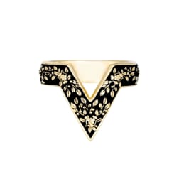 Black and gold floral-patterned ring with a pointed V-shaped design