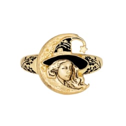 Gold ring with a witch and crescent moon design