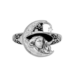 Silver ring with a witch and crescent moon design
