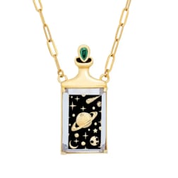 Gold pendant necklace with a rectangular space-themed charm