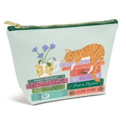 Book-themed zip pouch with a cat illustration and floral mug graphic