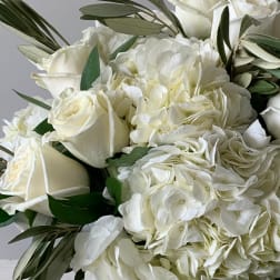 Close-up of ivory roses and white hydrangeas clustered in a lush bouquet