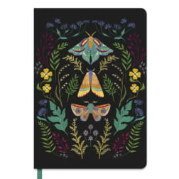 Black notebook with colorful moth and floral illustrations on the cover