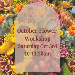 Mixed autumn flowers with an overlaid workshop announcement