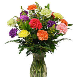Mixed bright carnations in orange, yellow, purple, green, and pink arranged in a clear glass vase