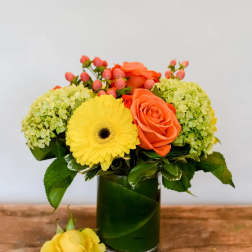 Orange rose and yellow gerbera in a glass vase with green hydrangeas