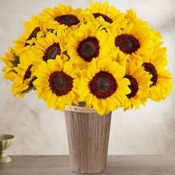 Bouquet of bright yellow sunflowers in a tall vase
