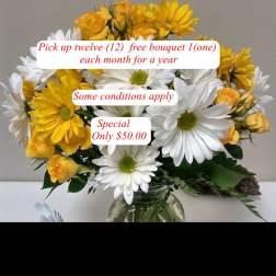 Yellow roses and white daisies in a glass vase with text overlays