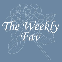 Blue graphic with outlined hydrangea flowers and the words "The Weekly Fav"