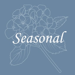 Blue graphic with outlined hydrangea flowers and the word Seasonal