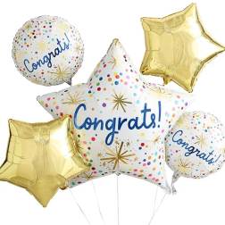 Cluster of congratulatory foil balloons in gold and white