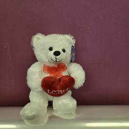 White teddy bear holding a red heart with a ribbon